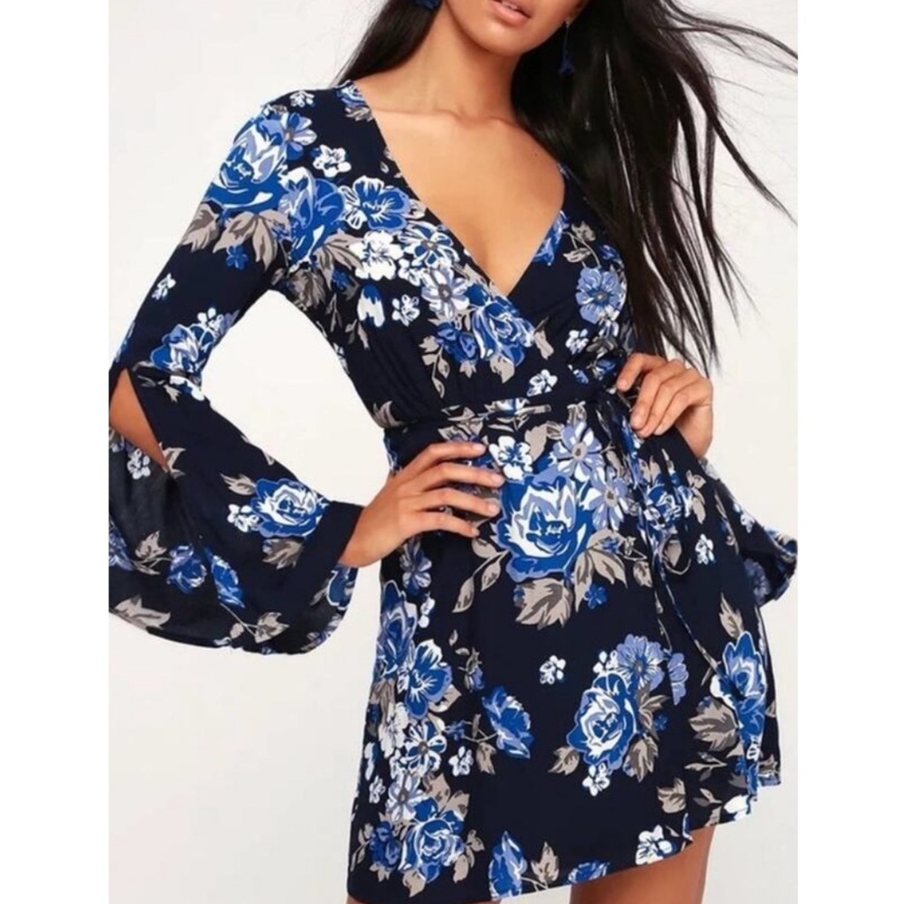 Lulus Once and Floral Navy Blue Floral Print Bell Sleeve Wrap Dress